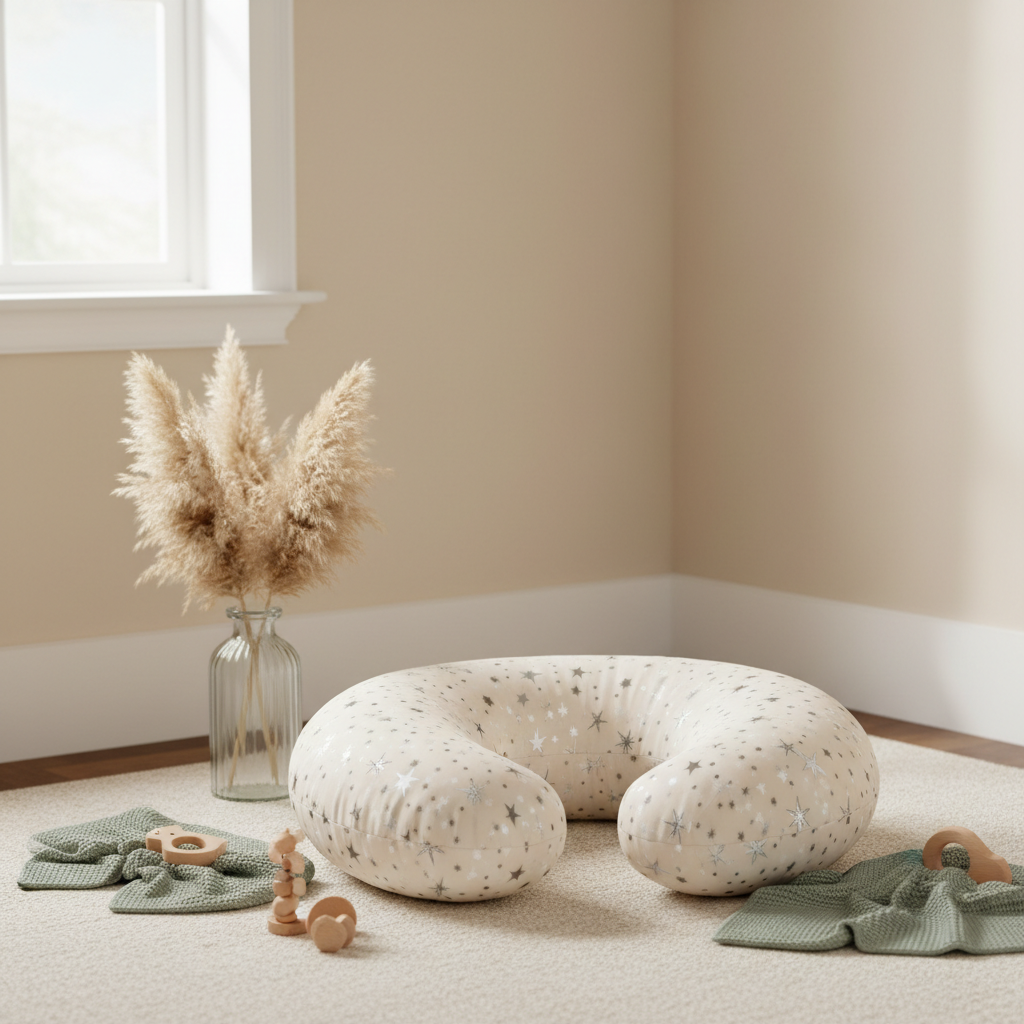 Nursing Pillow Silver Twinkle in cosy nursery setting
